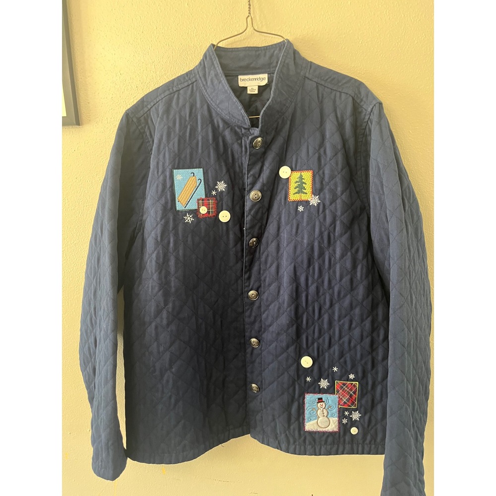 BRECKENRIDGE Quilted Jacket Winter Holiday Snowman Womens XL Navy Blue Festive